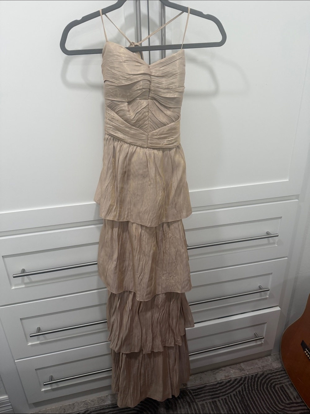 ANTONIO MELANI Champagne-Tone Tiered Maxi Dress with Ruched Bodice